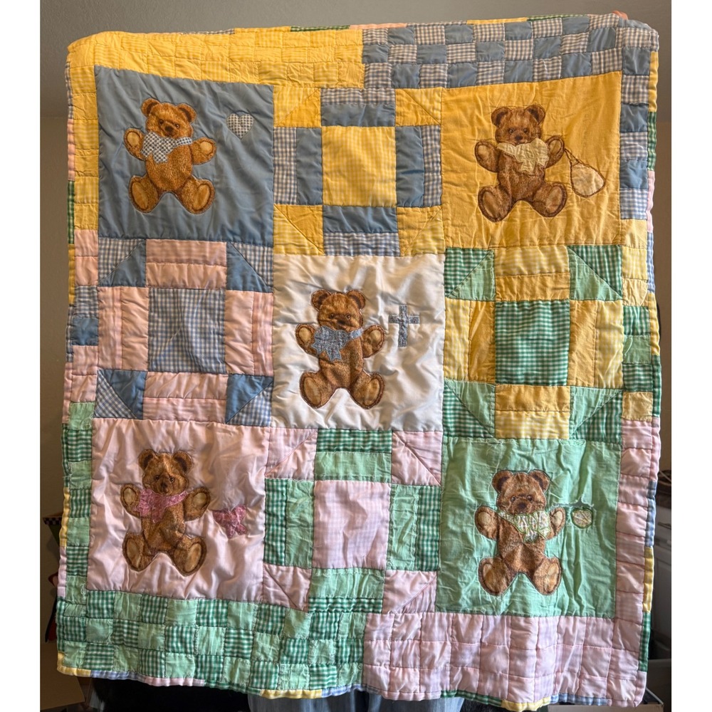 Handmade Teddy Bear cross patchwork  Quilt 32x38
